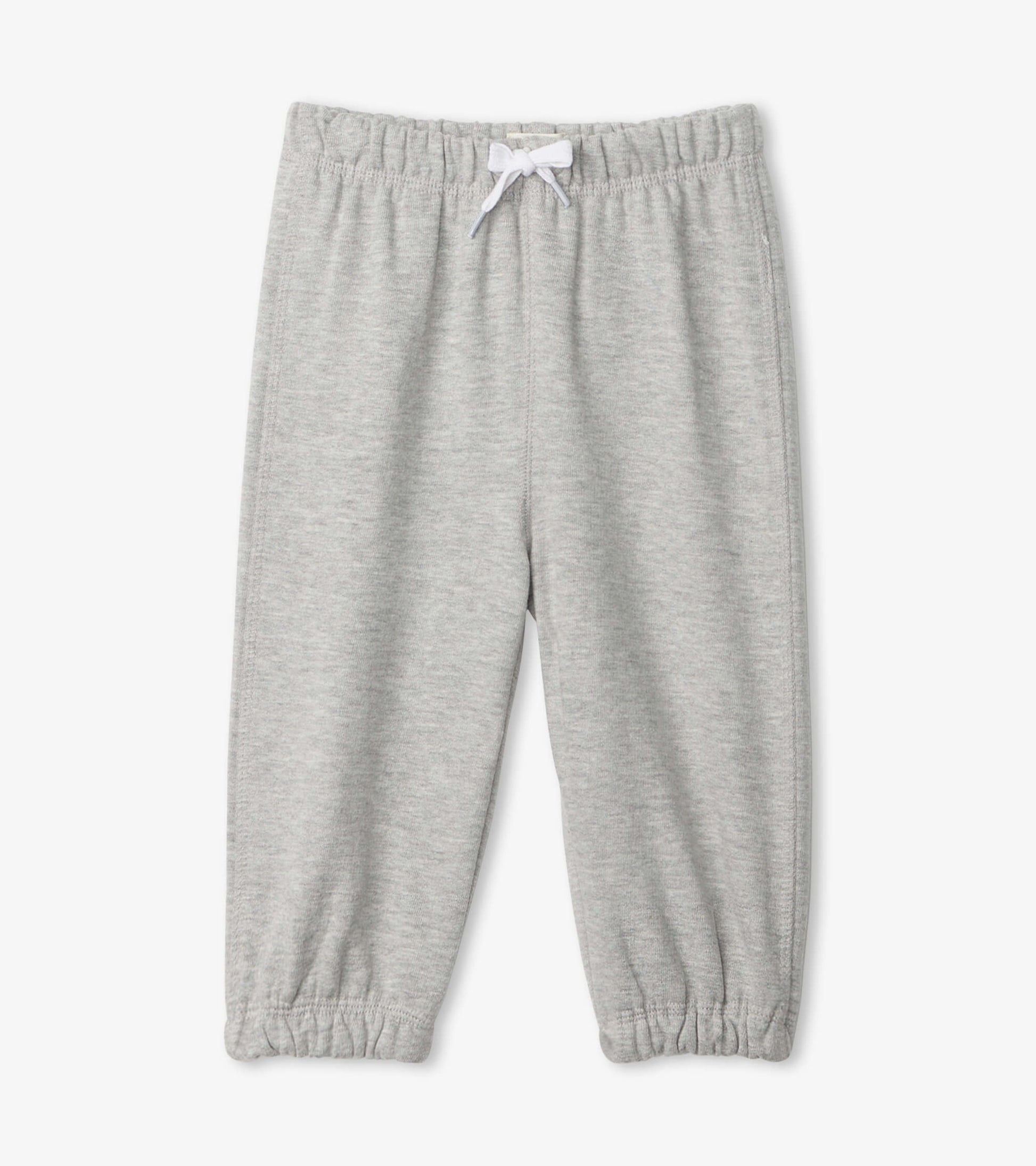 Grey French terry baby joggers with an elastic waistband and cuffed ankles, suitable for casual wear.