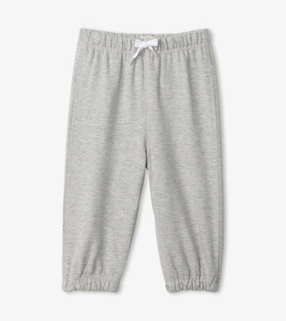 Grey French terry baby joggers with an elastic waistband and cuffed ankles, suitable for casual wear.