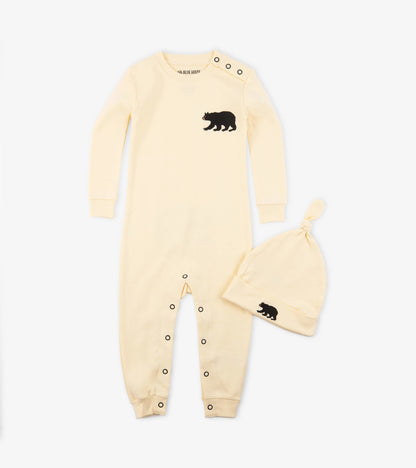 Dormeuse et bonnet – Petit ours sur fond naturel