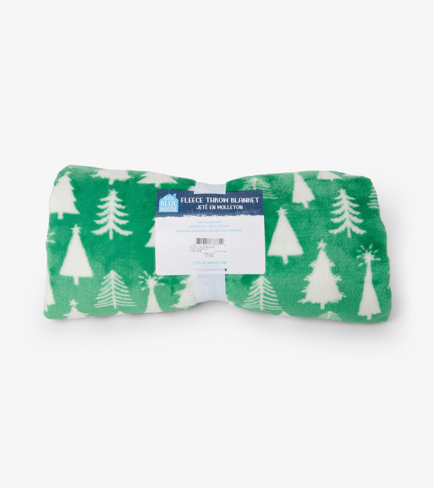 Green fleece blanket featuring white Christmas tree patterns, folded and labeled. Ideal for cozy winter use.