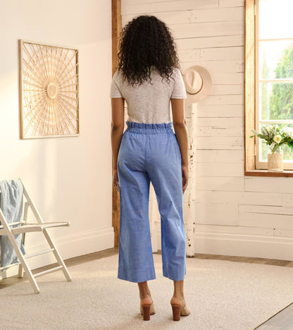 Light blue chambray tie front pants with a relaxed fit and cropped length, viewed from the back.