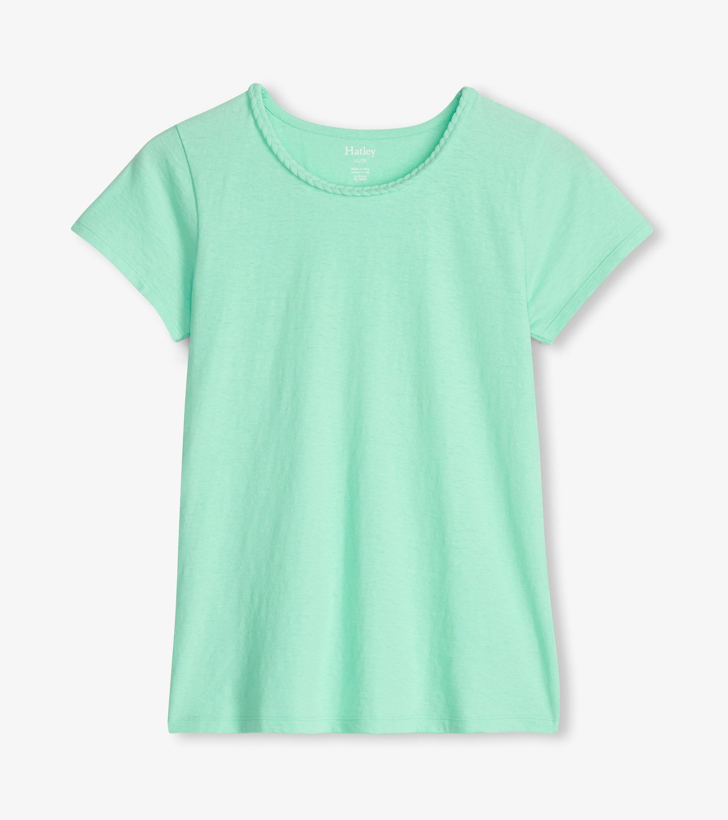 Ice green short-sleeve tee featuring a braided neckline, made from soft, lightweight fabric.