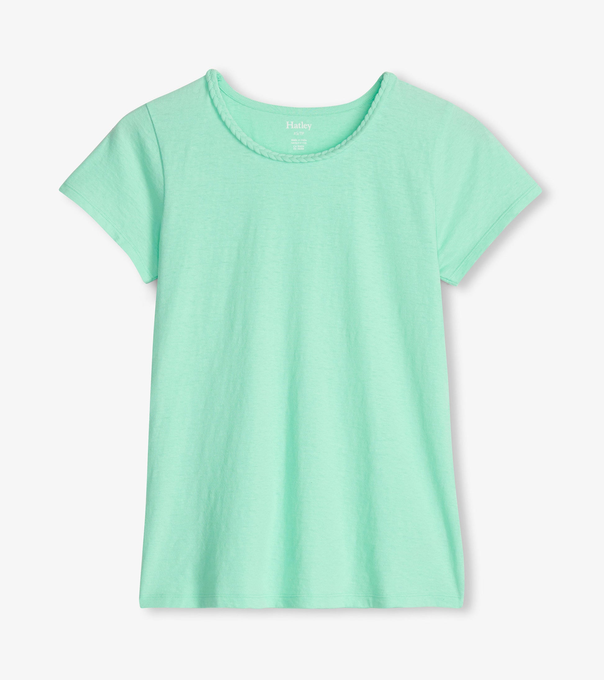 Ice green short-sleeve tee featuring a braided neckline, made from soft, lightweight fabric.