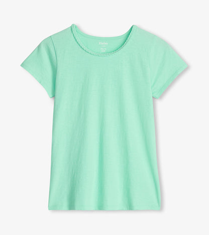 Ice green short-sleeve tee featuring a braided neckline, made from soft, lightweight fabric.