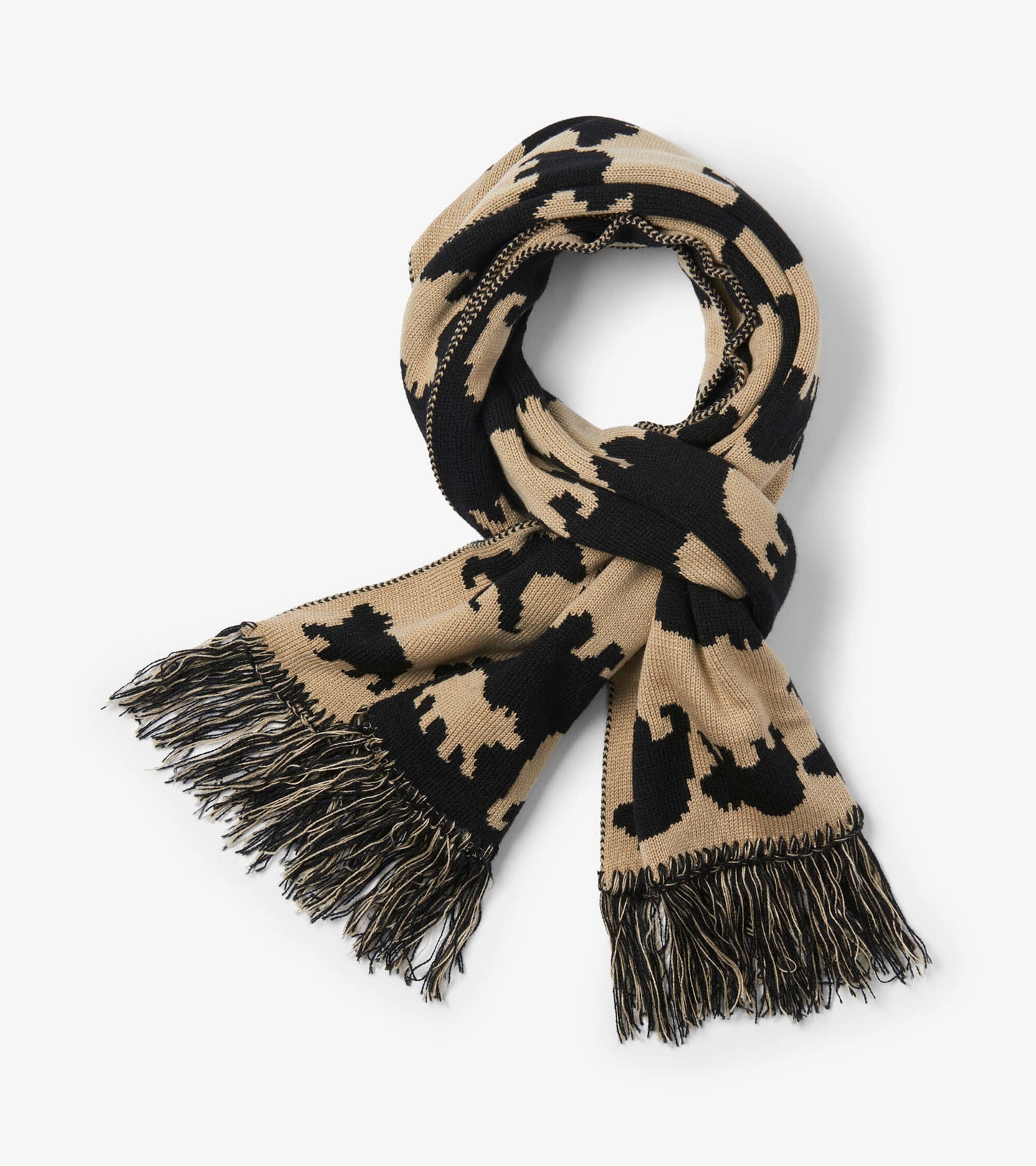 Tan scarf featuring a black bear pattern and fringed edges, suitable for warmth and style in cooler weather.
