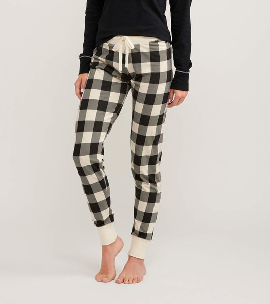 Cream plaid women's sleep leggings with a drawstring waist and fitted cuffs, ideal for lounging or sleeping.