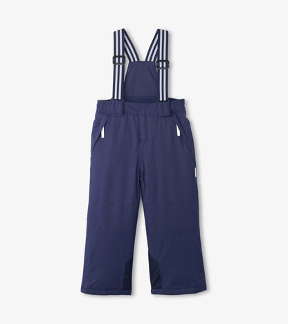 Navy snow pants for kids with adjustable striped suspenders and side pockets, designed for winter activities.