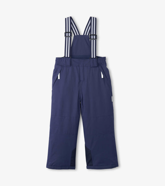 Navy snow pants for kids with adjustable striped suspenders and side pockets, designed for winter activities.