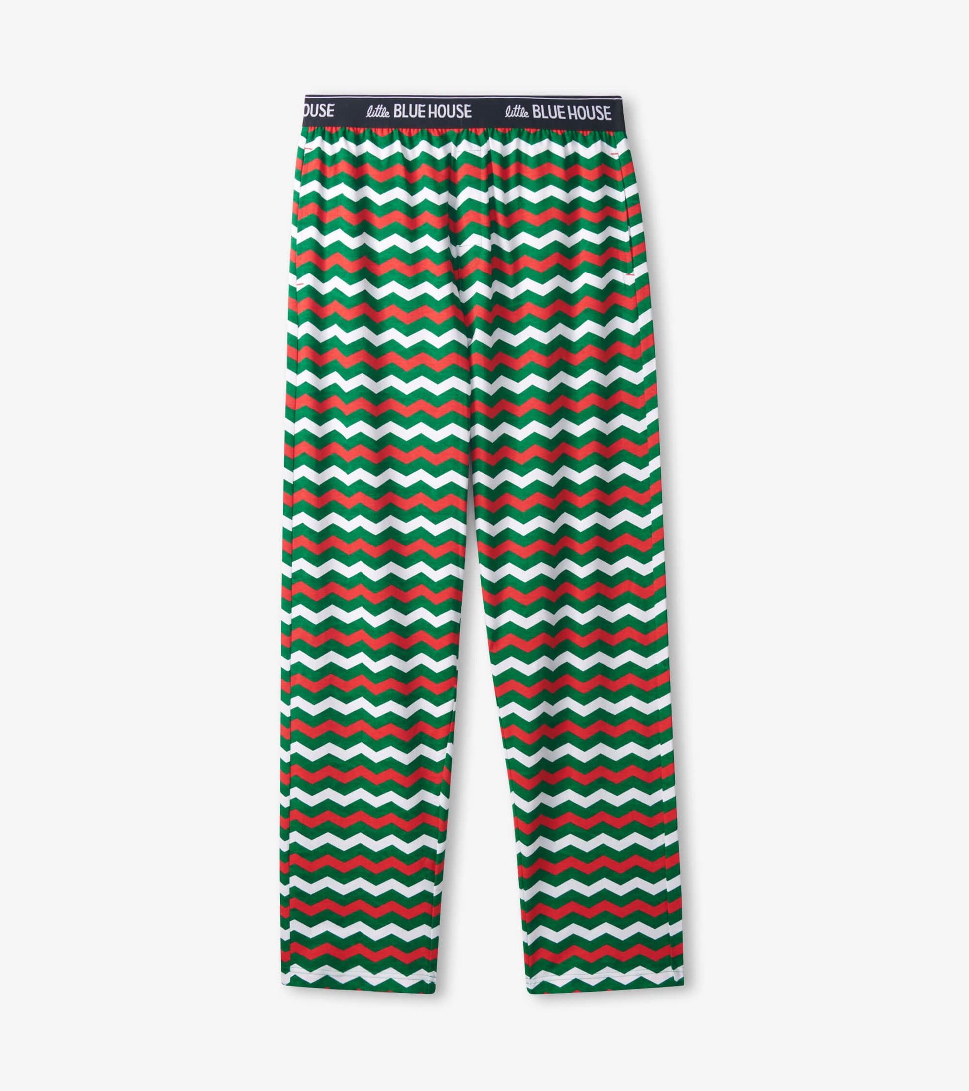 Men's pajama pants in green, red, and white zig-zag pattern, made of stretch cotton with an elastic waistband.