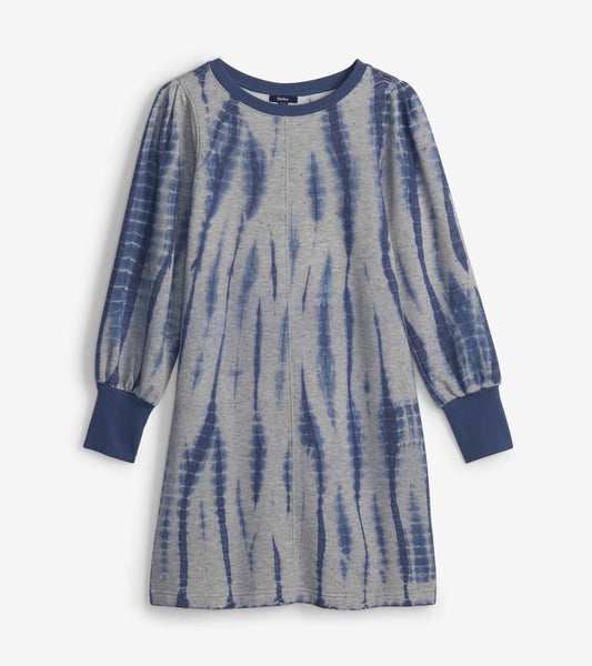 Gray sweatshirt dress with stormy blue tie-dye pattern and long sleeves, featuring a round neckline and relaxed fit.