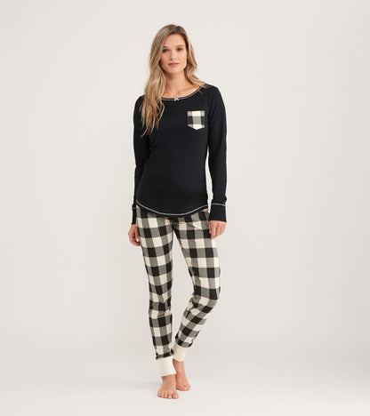 Cream plaid women's sleep leggings with fitted cuffs, perfect for lounging or sleeping.