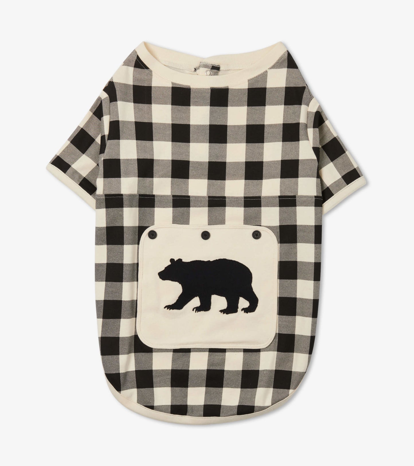 Cream plaid dog tee featuring a black bear applique on the front pocket. Soft fabric with short sleeves.