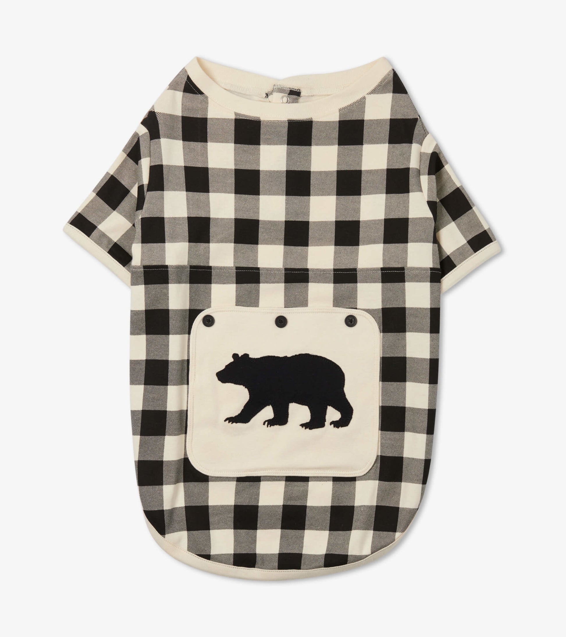 Cream plaid dog tee featuring a black bear applique on the front pocket. Soft fabric with short sleeves.