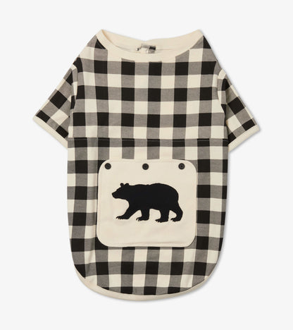 Cream plaid dog tee featuring a black bear applique on the front pocket. Soft fabric with short sleeves.