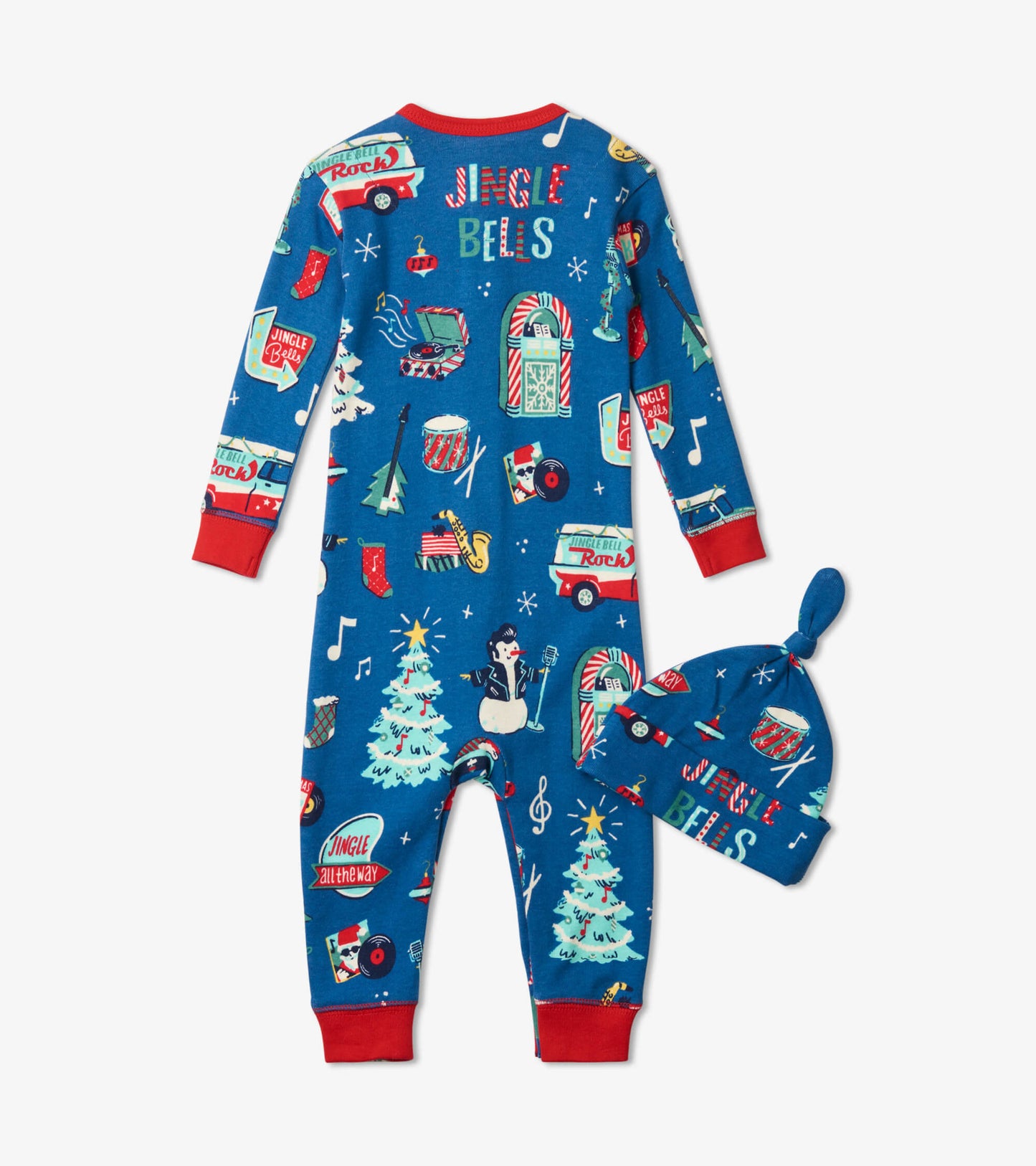 Blue baby coverall with festive holiday patterns and matching hat, featuring red accents and playful designs.