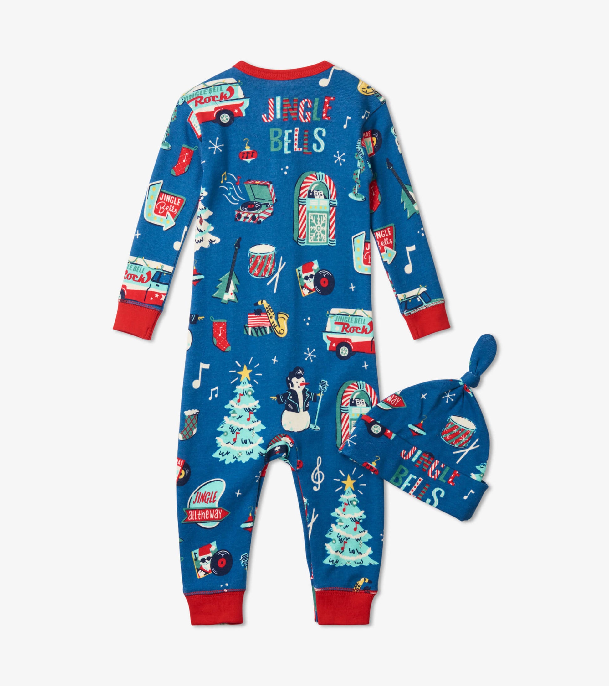 Blue baby coverall with festive holiday patterns and matching hat, featuring red accents and playful designs.