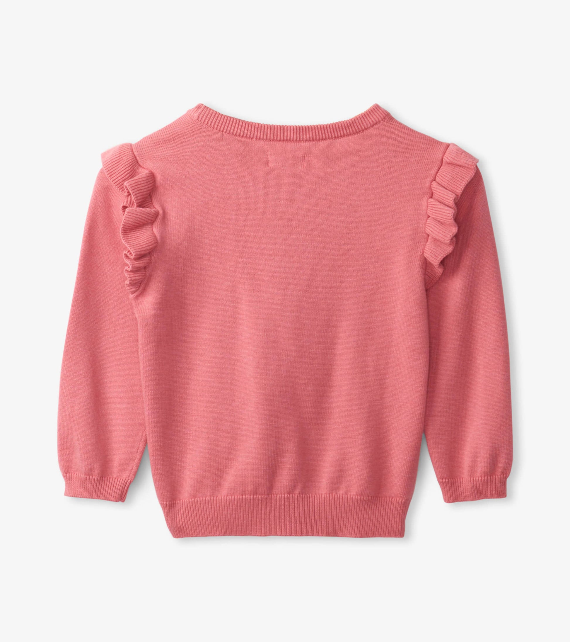 Pink sweater with ruffle sleeves and a round neckline, shown from the back.