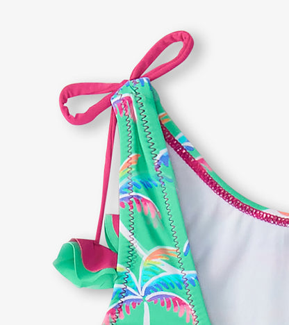 Maillot de bain à épaules ornées de boucles – Palmiers arc-en-ciel