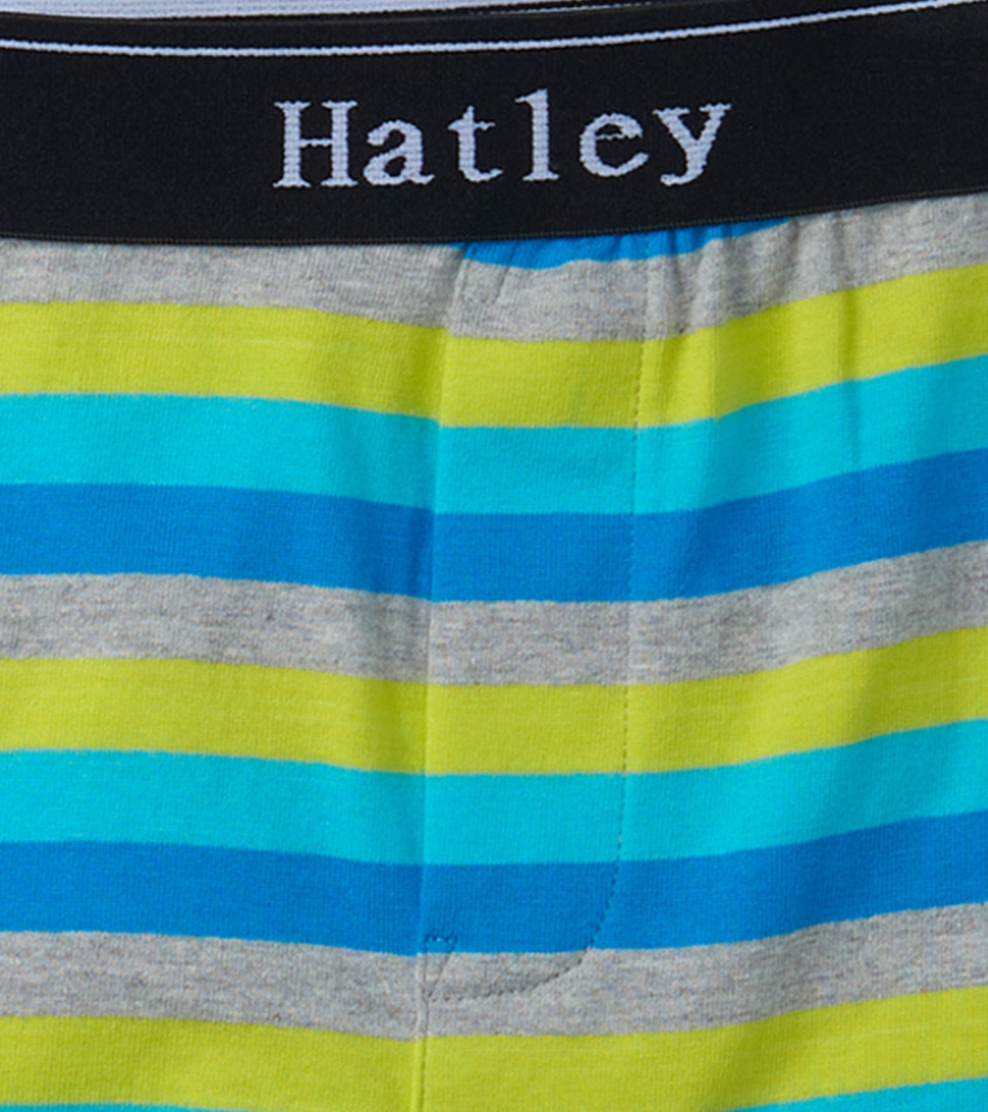 Colorful striped boxer briefs featuring blue, green, and gray hues with a black waistband.