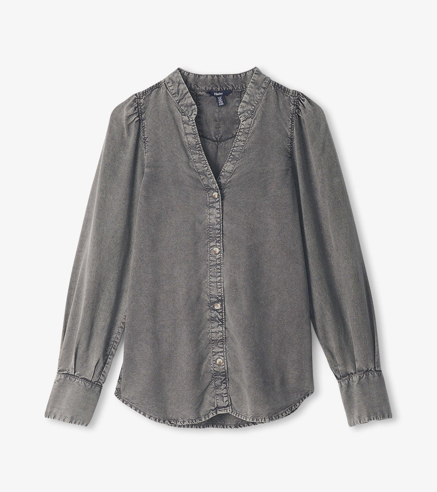 Black acid wash blouse with a V-neck, button front, and gathered sleeves. Suitable for casual or semi-formal wear.