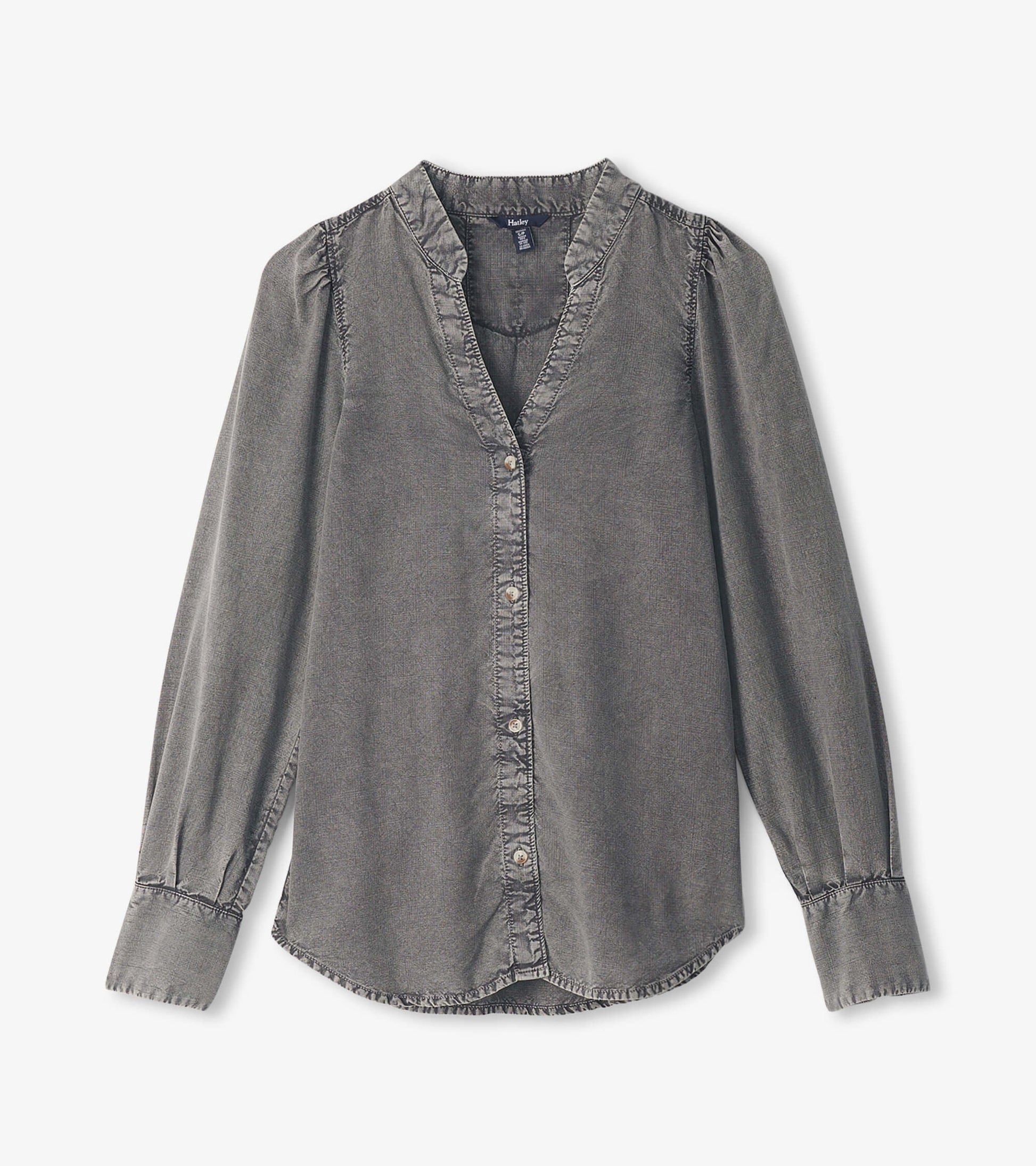 Black acid wash blouse with a V-neck, button front, and gathered sleeves. Suitable for casual or semi-formal wear.