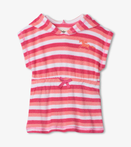Hooded baby cover-up in pink and white stripes, featuring a front bow detail and soft terry fabric.