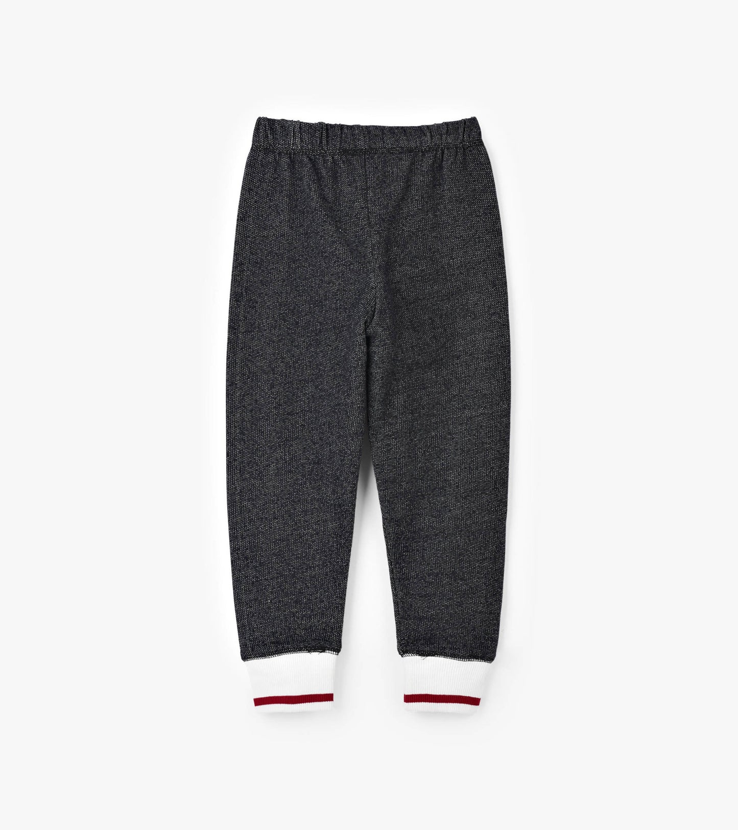 Charcoal gray joggers with a soft texture and white/red striped cuffs, featuring an elastic waistband for comfort.