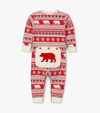 Red Fair Isle baby union suit featuring bear and snowflake patterns, with a bear applique on the back.