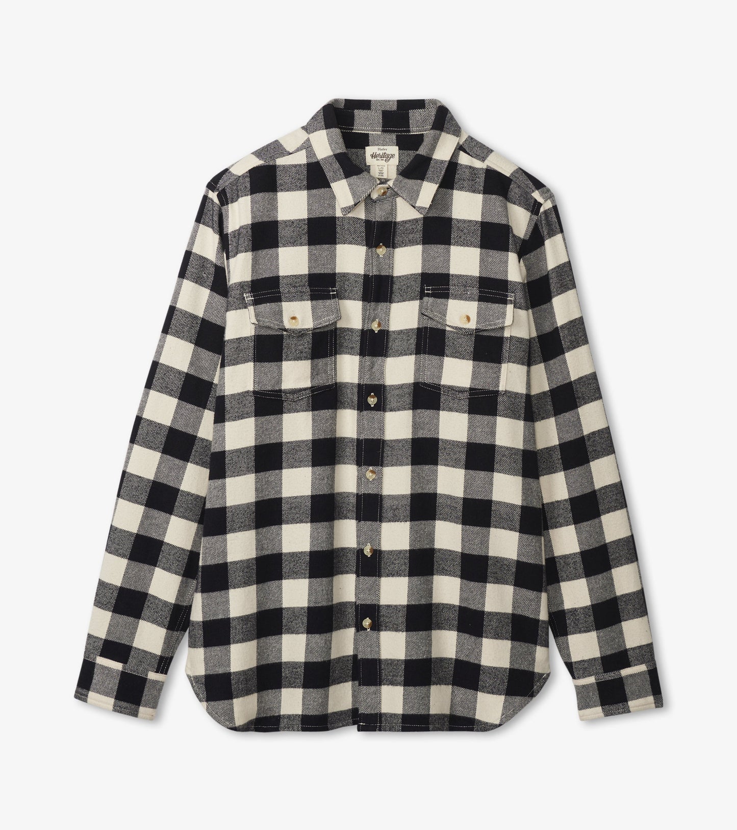 Black and white plaid flannel shirt with long sleeves, button-up front, and two chest pockets.