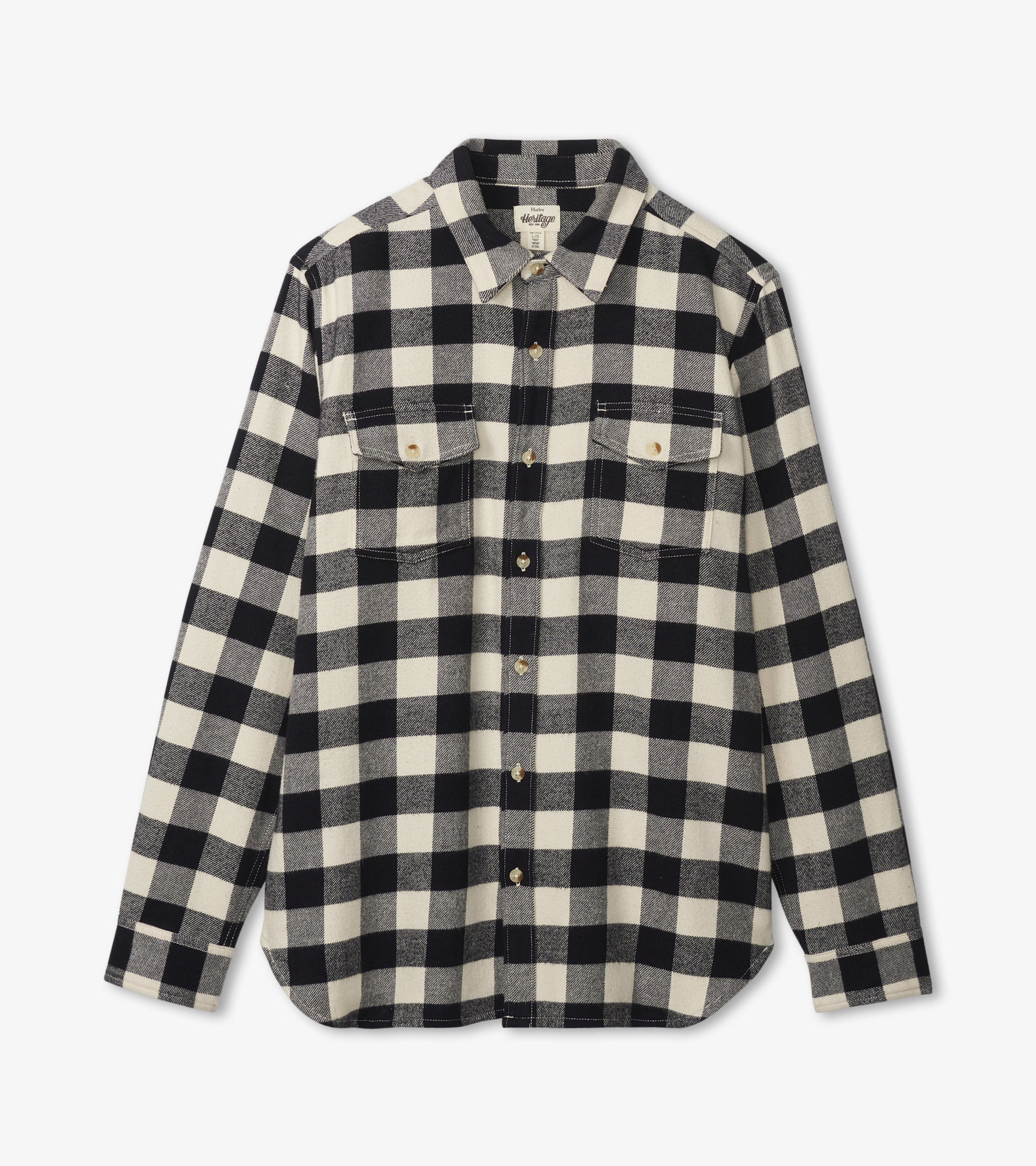 Black and white plaid flannel shirt with long sleeves, button-up front, and two chest pockets.
