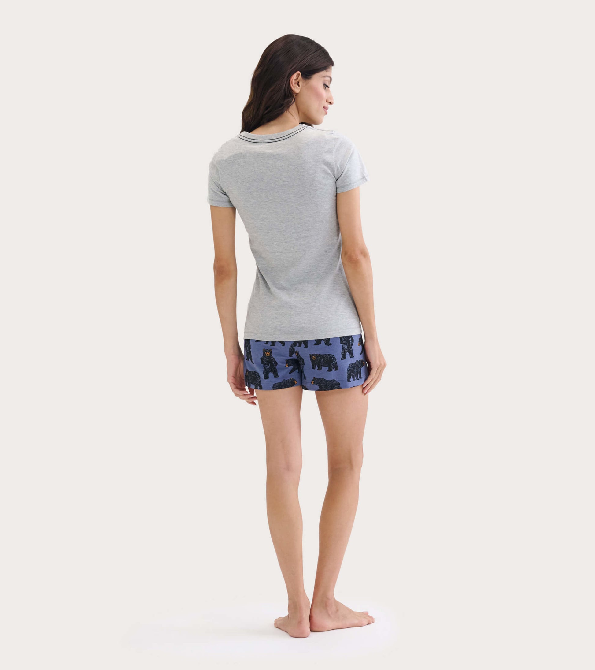 Cotton blend sleep shorts featuring a blue background with black bear patterns, ideal for comfortable lounging.
