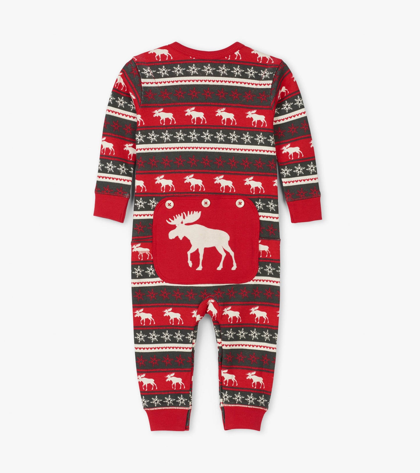 Red Fair Isle baby union suit featuring moose and snowflake patterns, with a solid red back pocket and snap closures.