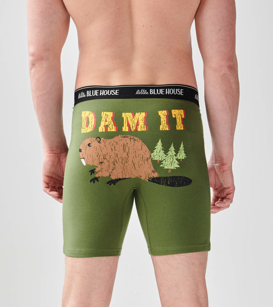 Green men's boxer briefs featuring a beaver graphic and "DAM IT" text on the back, with a black waistband.