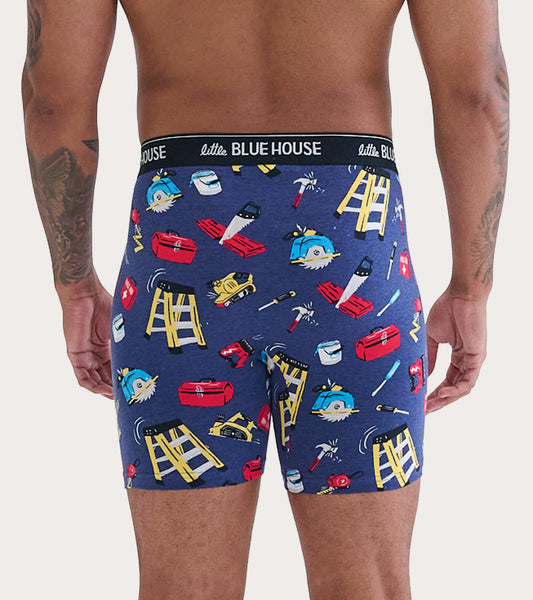 Navy boxer briefs featuring a playful tool pattern, designed for comfort and everyday wear.