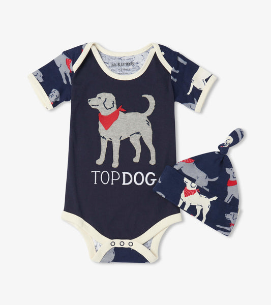 Cache-couche et bonnet – Labradors à bandana sur fond bleu marine