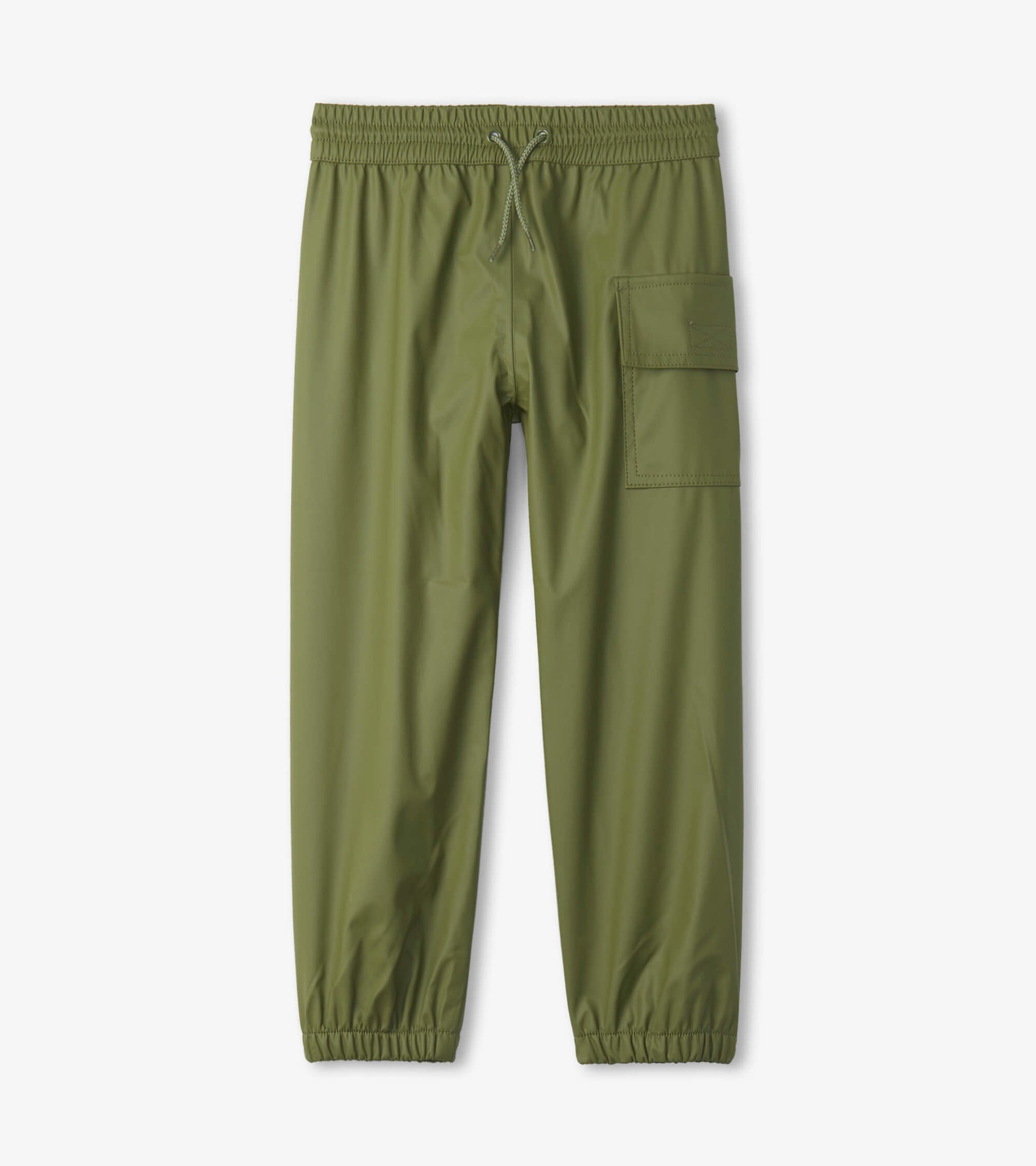 Forest green waterproof kids' rain pants with elastic waistband and side pocket. Suitable for outdoor play.