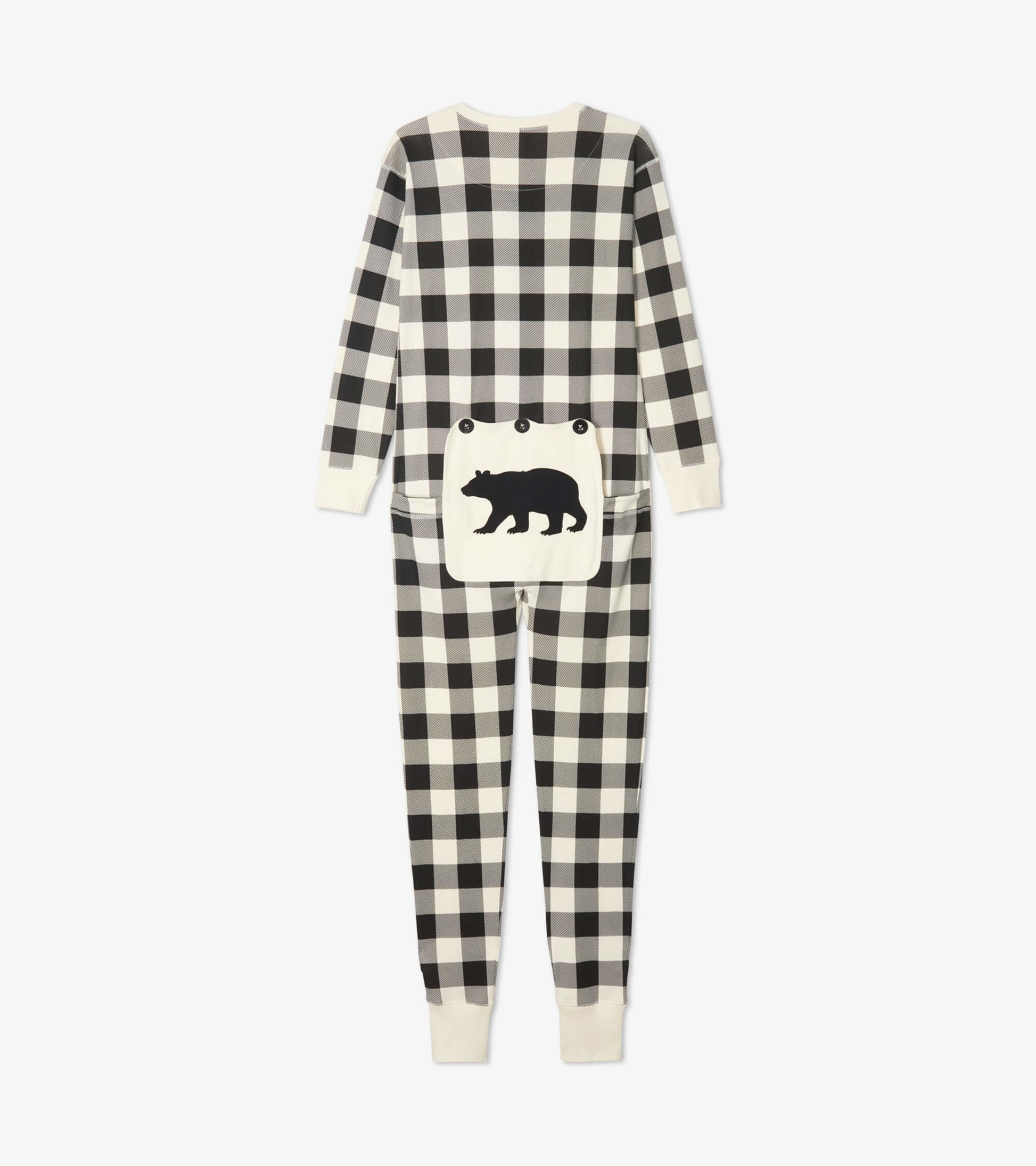 Cream plaid adult onesie featuring a bear patch on the back and ribbed cuffs, designed for comfort and warmth.