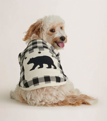 Cream plaid dog tee featuring a black bear design, designed for comfort and style.