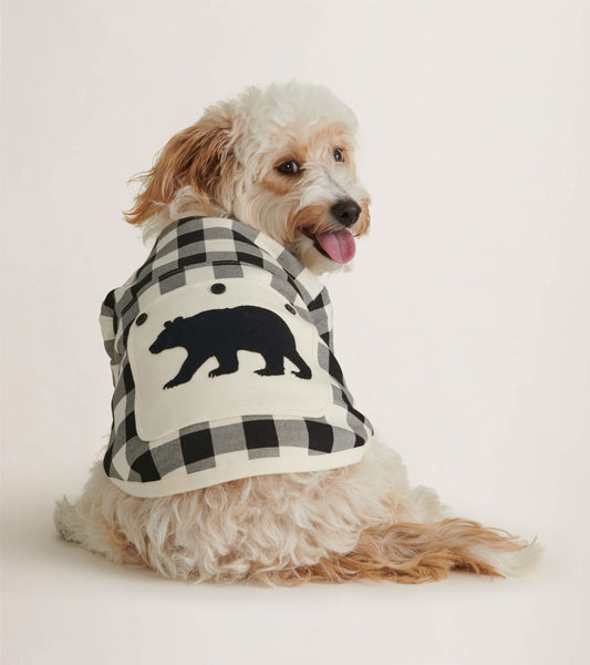 Cream plaid dog tee featuring a black bear design, designed for comfort and style.