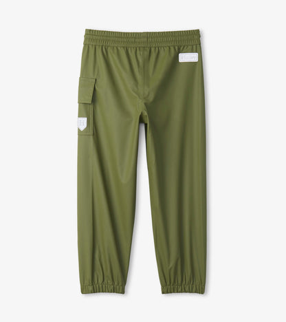 Forest green waterproof kids' rain pants with an elastic waistband and side cargo pocket.