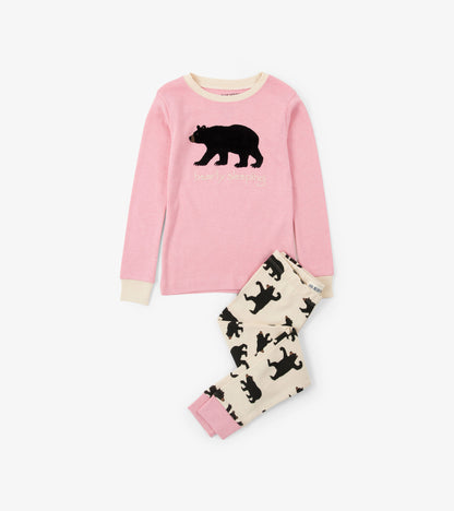 Pyjama à appliqué pour enfant – Ours sur fond rose « Bearly Sleeping »