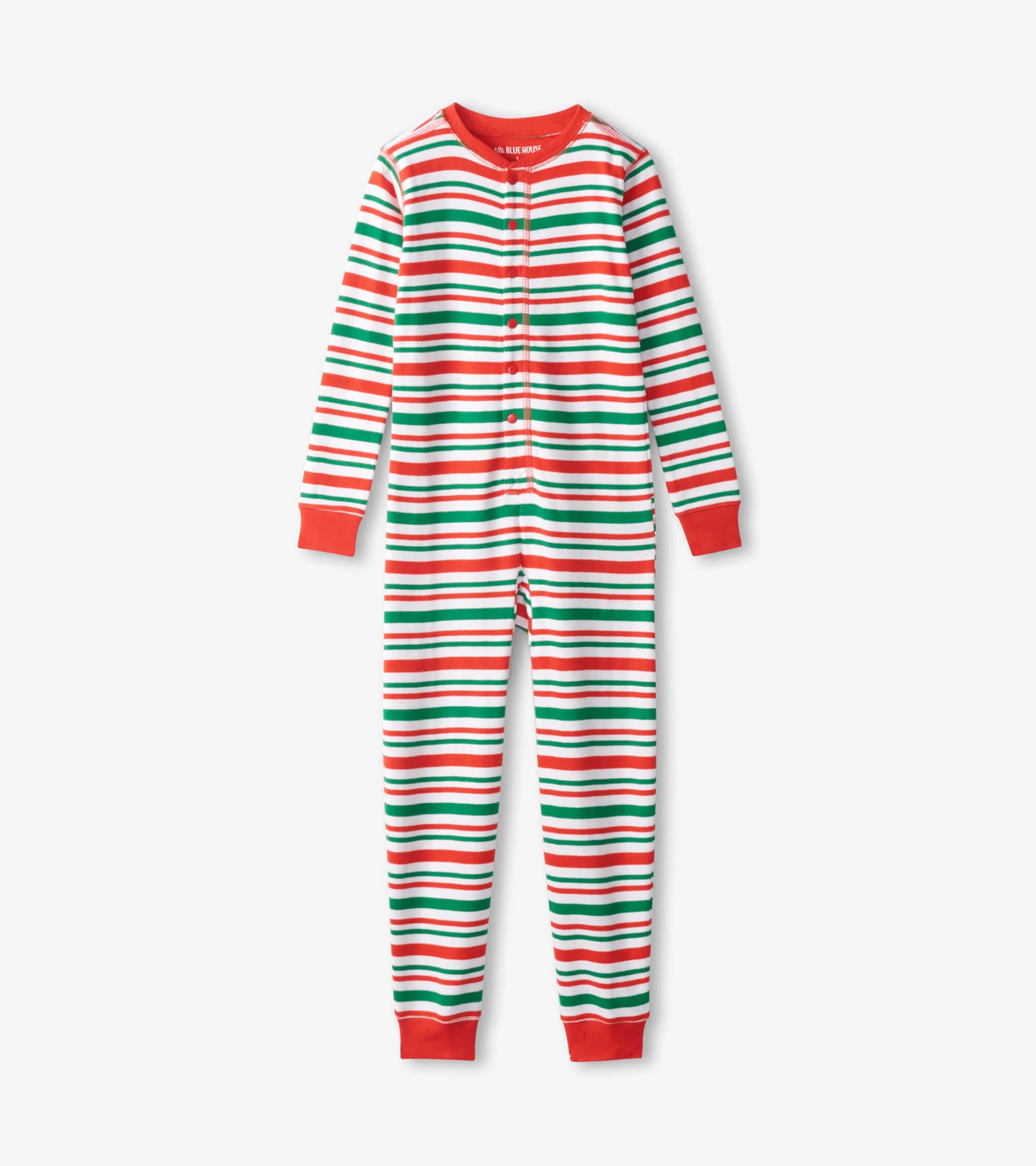 Red, green, and white striped onesie with long sleeves and button front, perfect for kids' holiday wear.