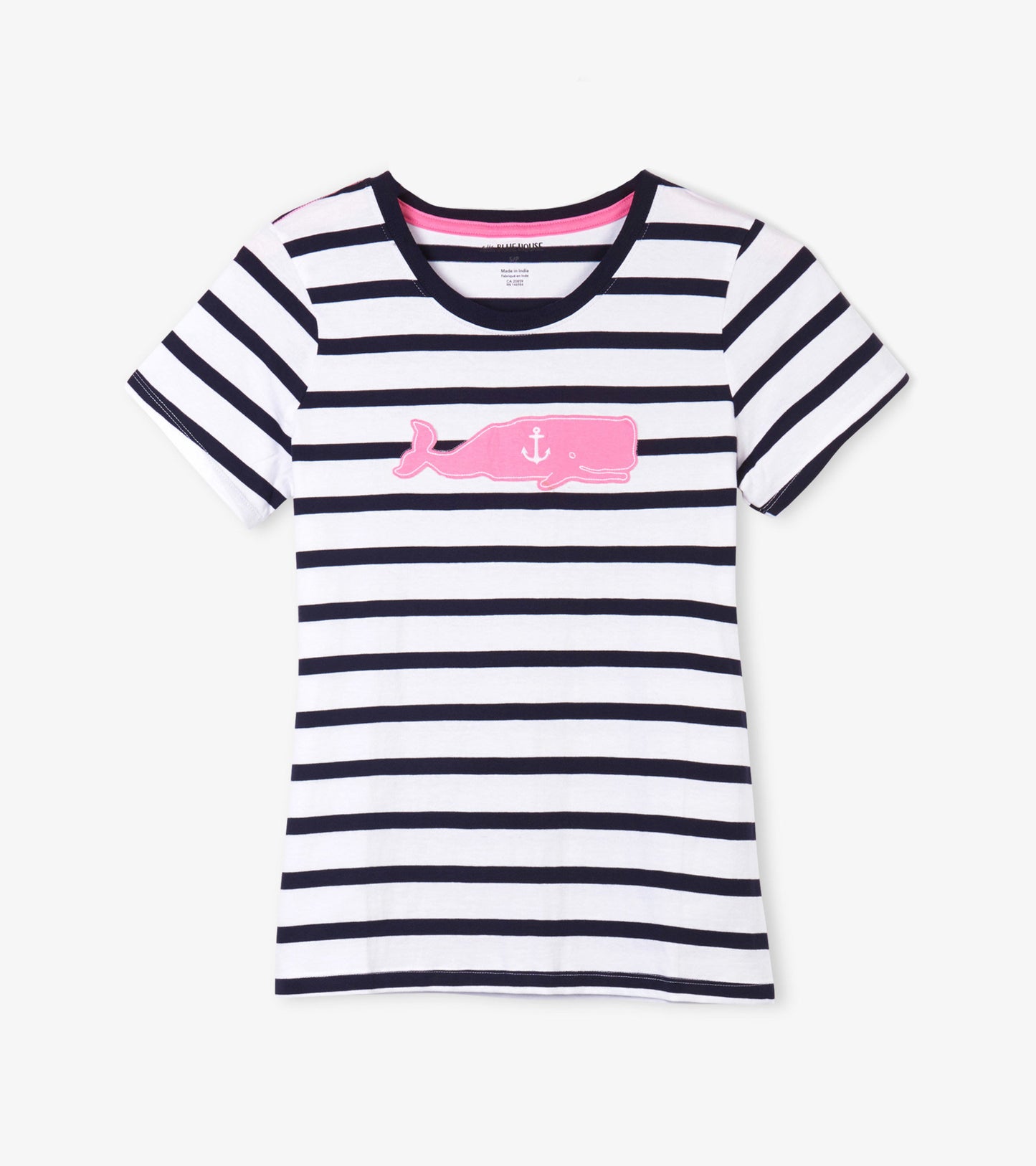 White and navy striped pajama tee featuring a pink whale graphic with an anchor on the front. Short sleeves and crew neck.