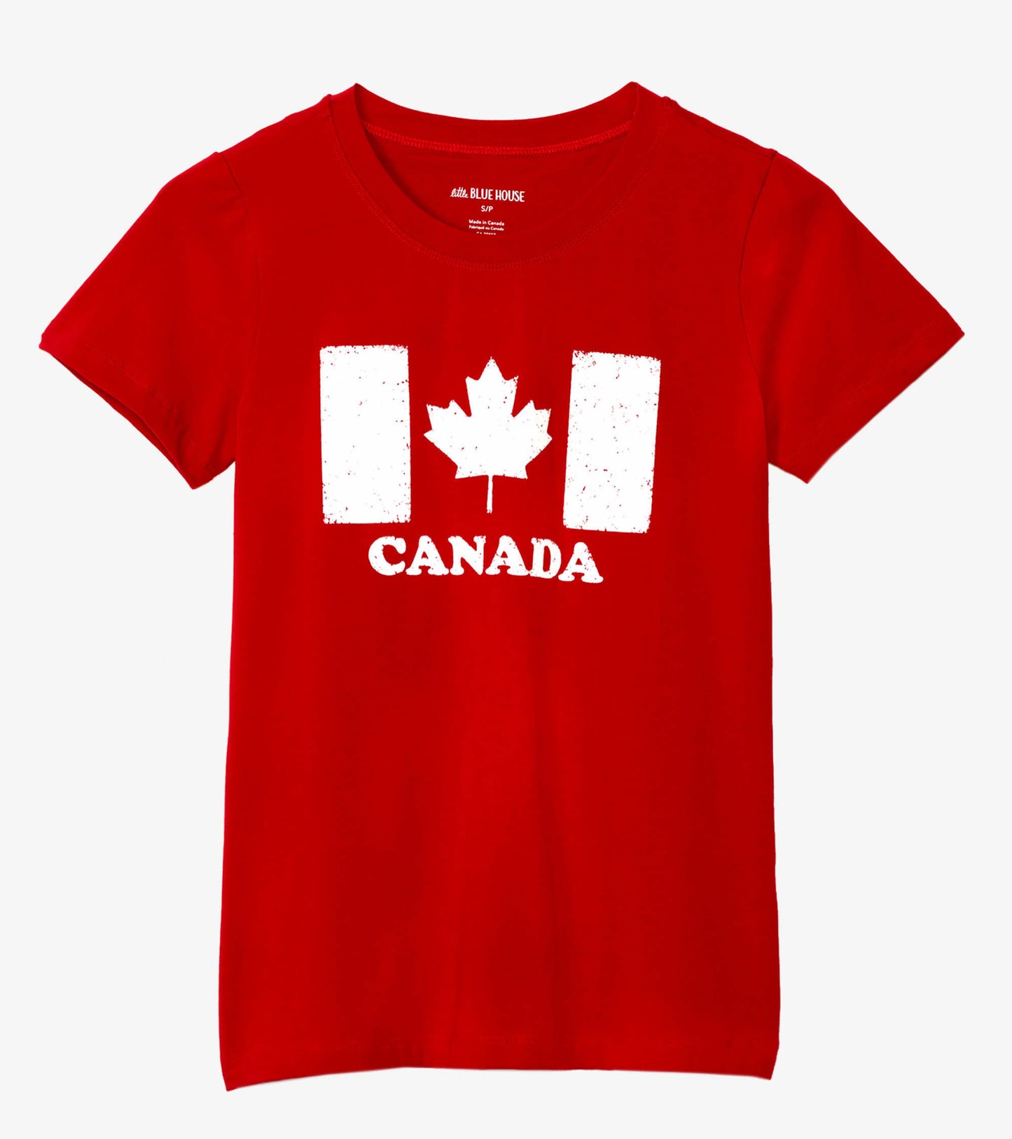 Red short-sleeve tee featuring a white Canadian flag graphic and the word "CANADA" printed below.