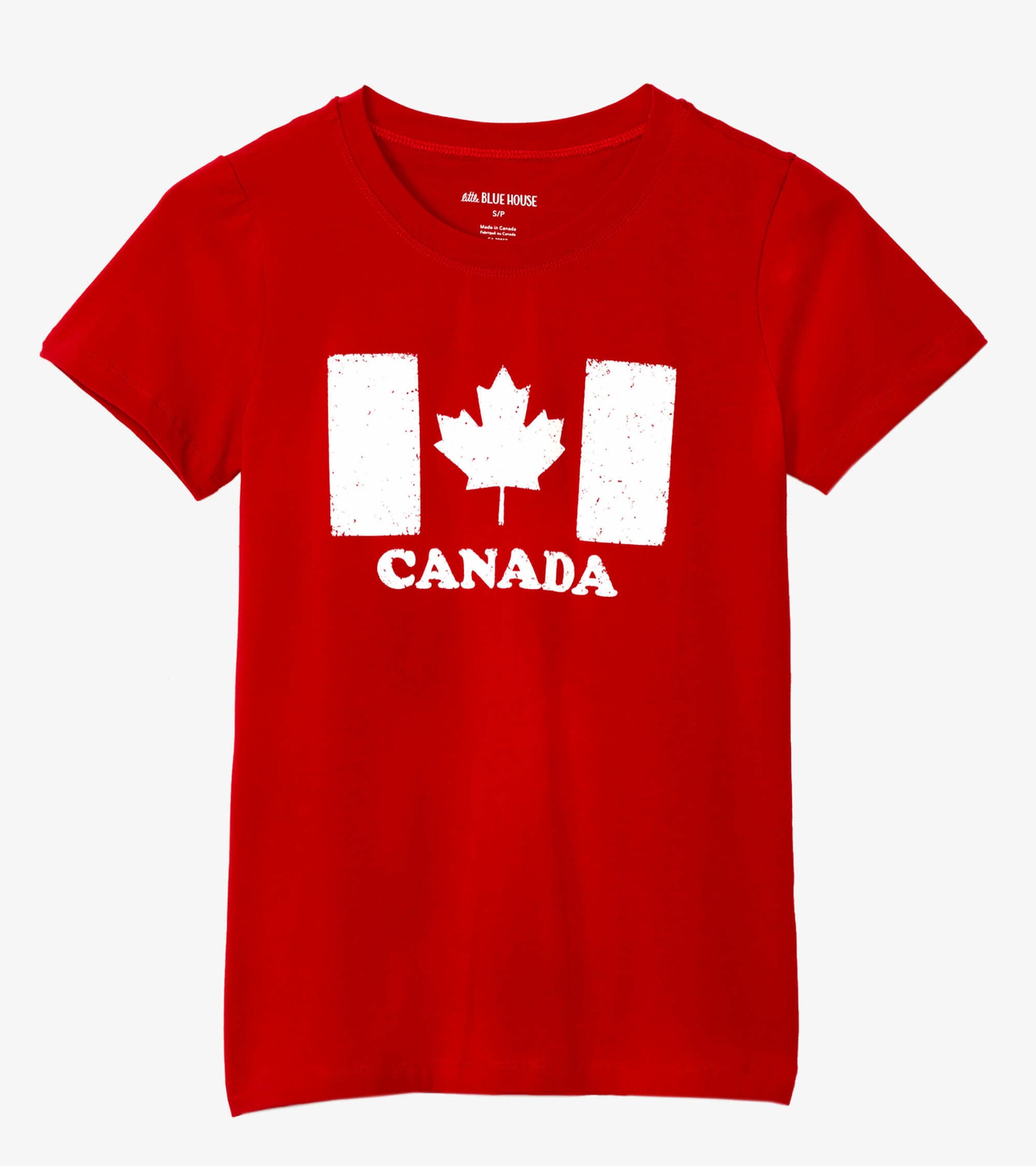 Red short-sleeve tee featuring a white Canadian flag graphic and the word "CANADA" printed below.