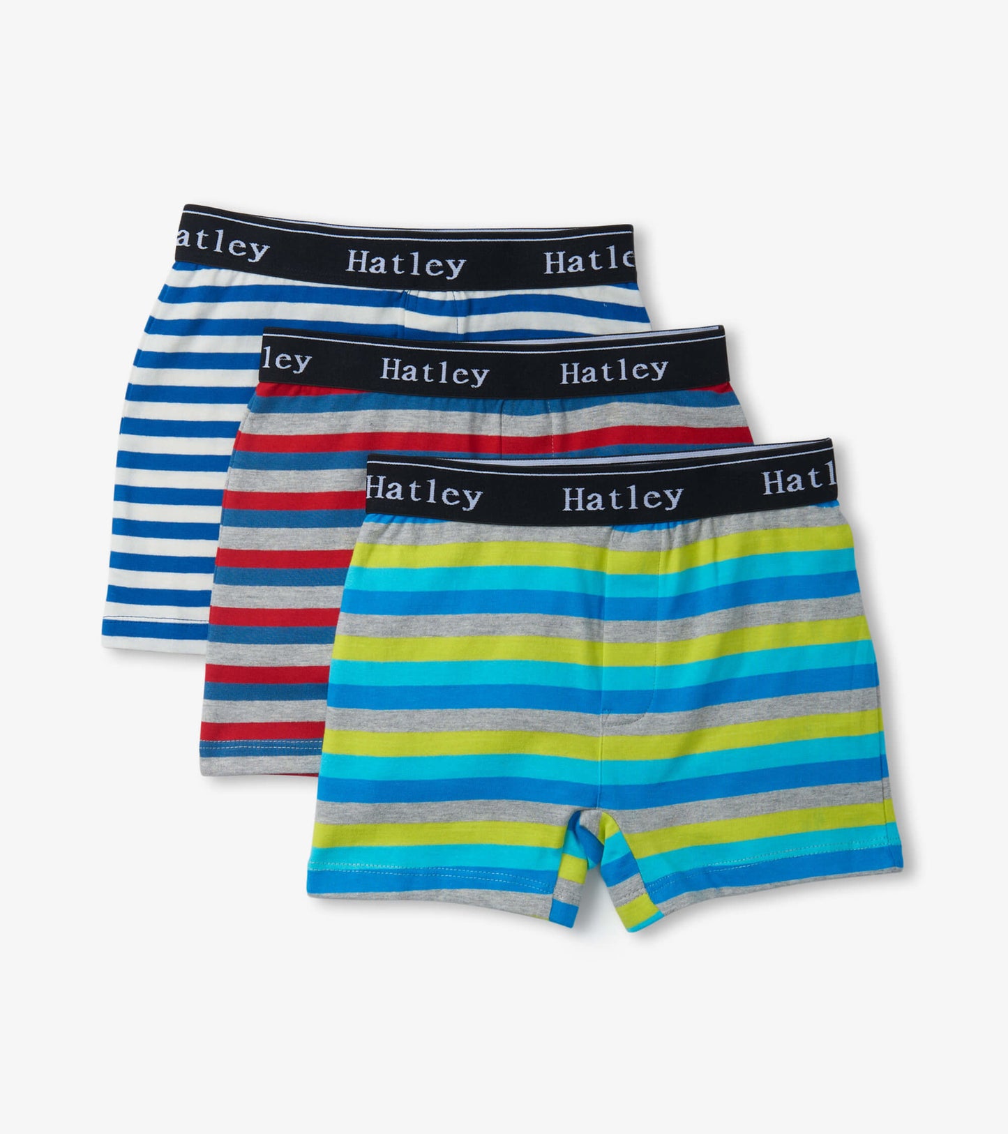 Three pairs of boys' boxer briefs featuring colorful stripes in blue, gray, red, and green with black waistbands.