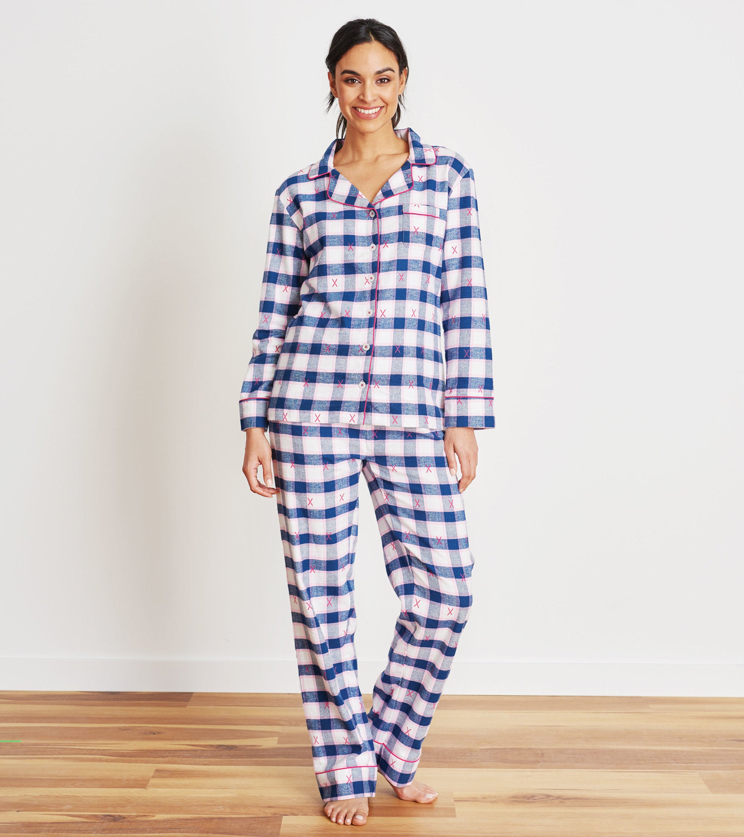 Pyjama en flanelle pour femme Vacances de ski sur motif ecossais