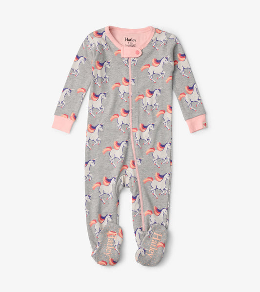 Gray footed sleeper with unicorn print, pink accents, and a front zipper, suitable for infants.