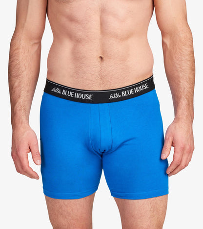 Blue men's boxer briefs with a black waistband, featuring a snug fit and soft material.