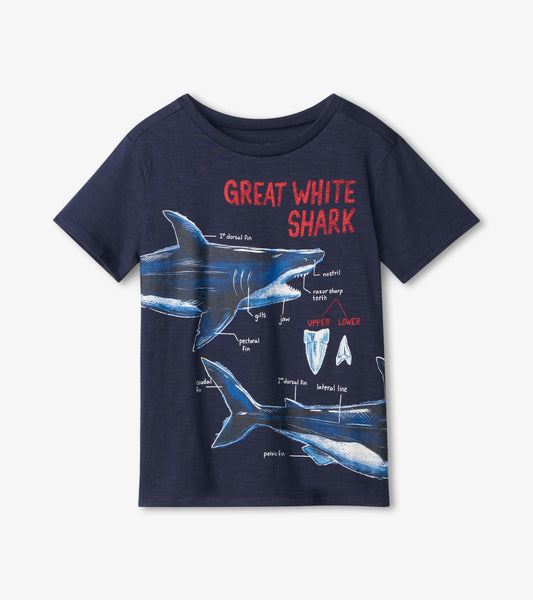 Navy blue graphic tee featuring a great white shark illustration with labeled anatomy details. Short sleeves and crew neck.
